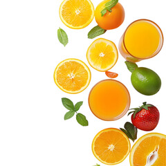 Orange juice and fruits on transparent background