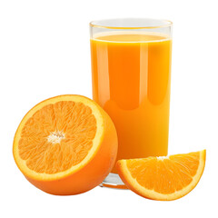 Orange juice and oranges on transparent background