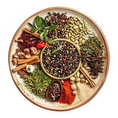 Spices and herbs in plate isolated on transparent background