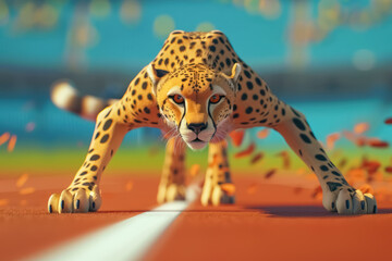 animated cheetah sprinter poised to race on a track, 3d rendering for sports advertising, olympic games