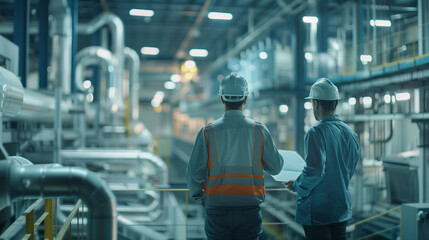 Obraz premium Industrial Engineers Standing Surround By Pipeline Parts in the Middle of Enormous Heavy Industry Manufacturing Factory