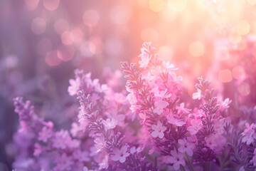 Close-up of lavender flowers bathed in soft sunlight, highlighting their delicate details and radiant purple color.