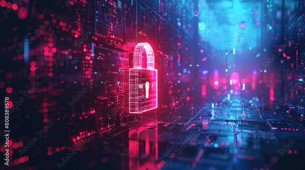 Wall mural digital padlock in abstract neon cyber space, dark data background, secure information. theme of loc