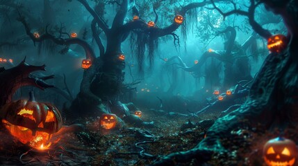 The ghostly silence of a haunted forest, with mist weaving through the hollow trunks of dead trees, and carved pumpkins flickering with spectral light.