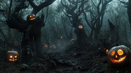 The ghostly silence of a haunted forest, with mist weaving through the hollow trunks of dead trees, and carved pumpkins flickering with spectral light.