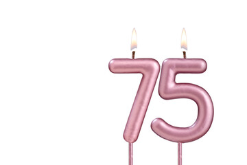 Lit birthday candle - Candle number 75 on white background