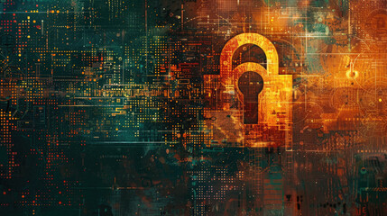 Digital lock in cyber world, dark data background, illustration with abstract secure information. Theme of padlock, protection, privacy, technology, security, art