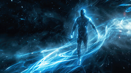 Person walks through dark hyperspace with lightning, man in futuristic swirl of blue light like in sci-fi movie. Theme of space, travel, people, hyperspace, future, fantasy