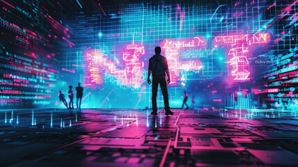 Neon cyber space with people and NFT, modern token on abstract digital background. Theme of blockchain, non-fungible, crypto data, bitcoin, gallery, technology