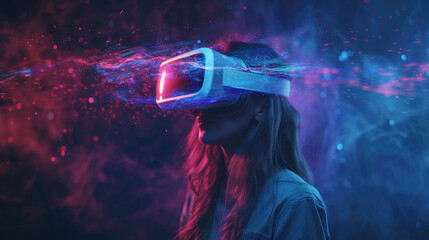 Young woman uses headset for virtual reality on dark background, portrait of adult girl with VR glasses in neon light. Concept of futuristic technology, metaverse, people