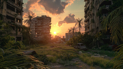 Post apocalyptic view of destroyed city at sunset, abandoned buildings overgrown with plants after end of world. Theme of apocalypse, war, sun, future, dystopia