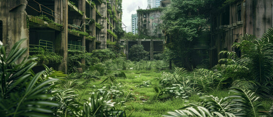 City after end of world, abandoned buildings overgrown with grass and green plants. Theme of post apocalypse, war, apocalyptic future, dystopia.