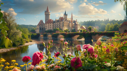 Castle by river in summer, landscape with old palace, bridge and flowers. Theme of nature, garden, medieval history, sky