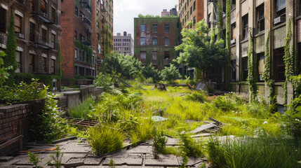Naklejka premium City street at post apocalypse, abandoned buildings overgrown with grass and green plants many years after end of world. Theme of war, apocalyptic future