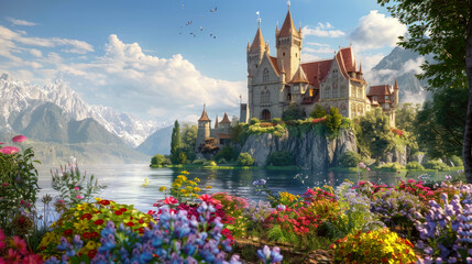 Castle by mountain lake in summer, landscape with old palace and flowers. Theme of nature, garden, medieval, sky, travel.