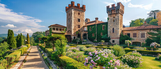 Castle and flower garden in summer, panoramic landscape with old houses and green plants. Theme of nature, medieval, travel in Italy