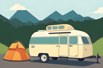 a cartoon flat illustration of a retro vintage ficitonal unbranded camper camping in the wilderness. Hills, mountains, trees, day time. outdoors
