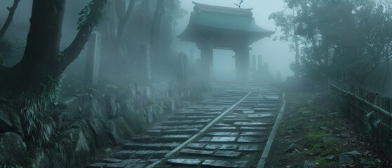 A mystical pathway leading to a traditional Japanese temple in a misty forest setting.
