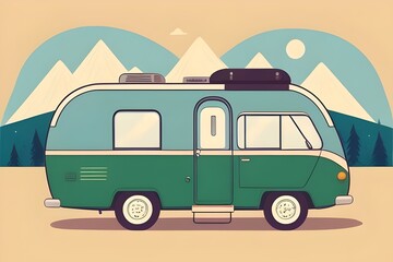 a cartoon flat illustration of a retro vintage ficitonal unbranded camper camping in the wilderness. Hills, mountains, trees, day time. outdoors
