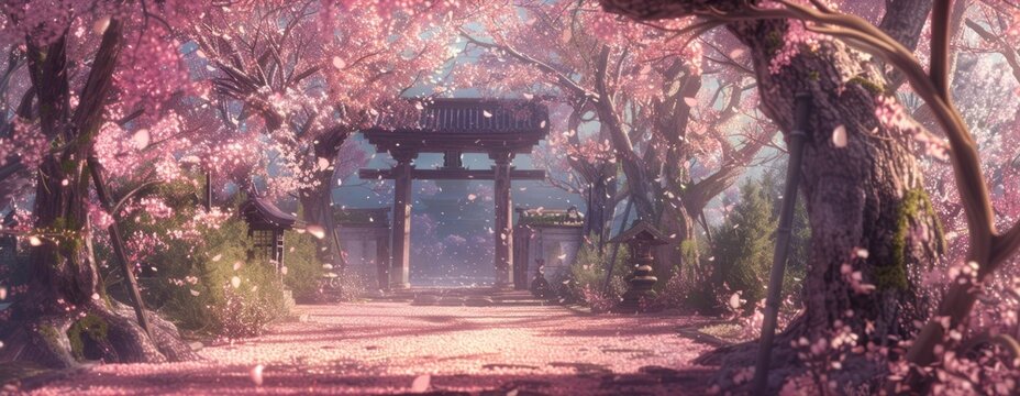 A tranquil pathway lined with cherry trees leading to a peaceful shrine.