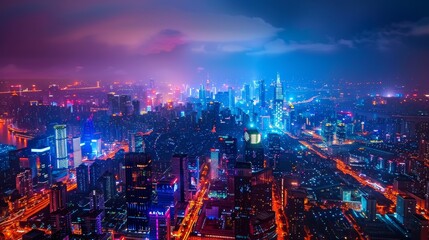 Stunning night view of a vibrant cityscape with glowing lights