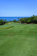 View of the pacific ocean and putting green from the tee box on a tropical golf course, vacation recreation
