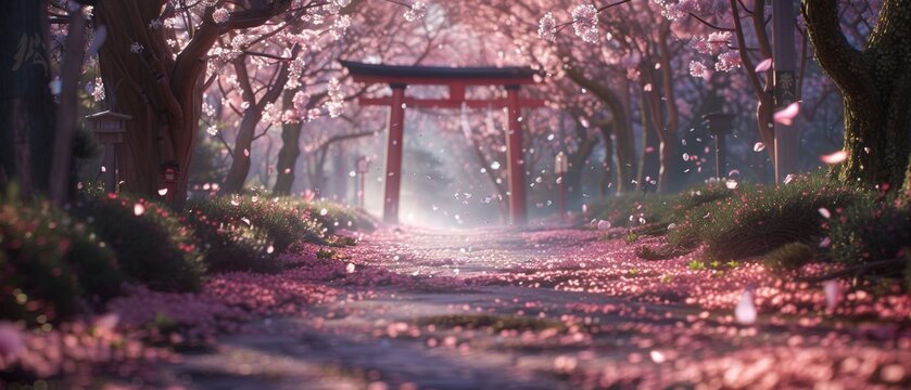 A magical path lined with flowering cherry trees under a serene soft light.