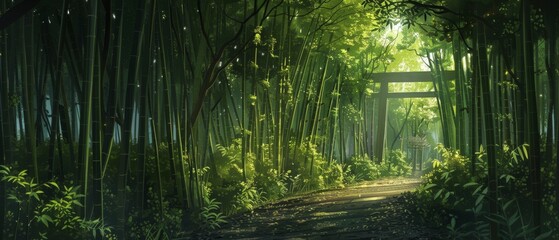 A verdant bamboo forest path leads through an illuminated green landscape.