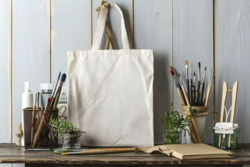 An artistic mockup displaying a blank canvas tote bag and art supplies, suitable for presenting merchandise designs for art galleries and museums