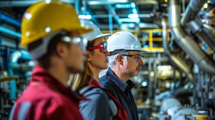 A group of engineers in a factory, wearing hard hats and safety glasses, discussing a maintenance plan for the factory equipment. The engineers are diverse in terms of gender, race, and age.