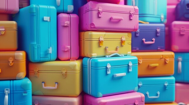 Stylized 3D suitcases made of bright, saturated solid colors stacked together, almost like toy building blocks