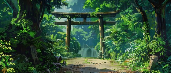 Lush jungle setting featuring a torii gate draped in vibrant green foliage illuminated by sunlight.