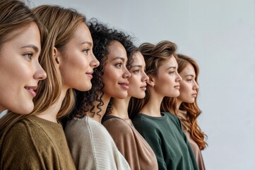 Obraz premium group of multiethnic women standing together and looking away isolated on grey
