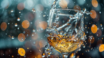 Wineglass of white wine with splashes and bokeh background