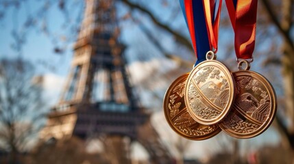 Olympic gold, silver and bronze medals with the Eiffel Tower in the daytime background in high resolution