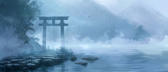 Torii gate on a stone path in a mystical fog-covered mountain lake setting.