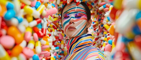 A model in a colorful striped outfit surrounded by a kaleidoscope of pills