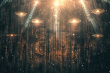 UFO Day Celebration with UFOs Hovering in the Night Sky on a Mysterious Wooden Background