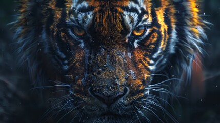 Fierce tiger's face glares from a dark abyss, captivating the viewer with its intense gaze