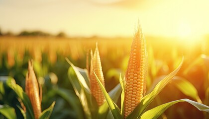 A field of corn with the sun setting in the background.