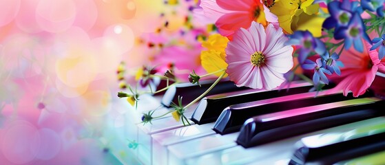 Colorful flowers intertwined with piano keys