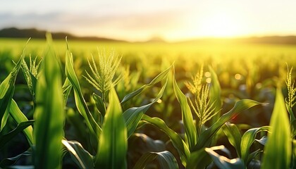 A field of corn with the sun light in the background.