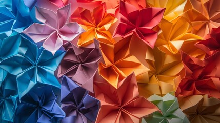 Capture the intricate folds and vibrant colors of origami art pieces in a wide-angle view, emphasizing depth and texture through meticulous lighting and shadows