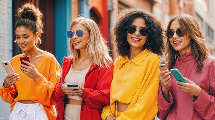 Smiling Girls Using Mobile Phones Together. Friends Sharing Content and Staying Connected on Social Media Platforms. Social Media & Friendship Concept
