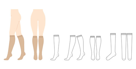 Knee-high Socks length set on women legs and CAD flat template mockup. Hosiery Fashion accessory clothing technical illustration stocking. Vector front, side view, sketch outline isolated on white