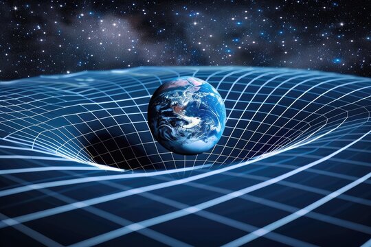 Gravity planet, gravitational wave concept on planet Earth, physical and technological basis, design with gravity grid, sphere, curved space-time and distortion lines.