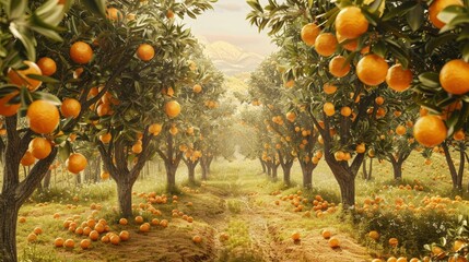 Orange garden with oranges in spring time. Trees with fruits