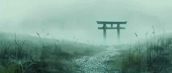 Dreamy landscape with a torii gate on a foggy mysterious path lined with tall grasses.