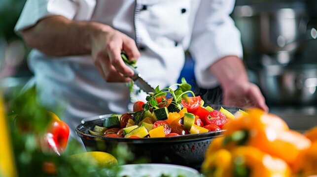 A close-up of a chef preparing a dish with fresh fruits and vegetables. The chef is skilled and focused, and the dish looks amazing. 