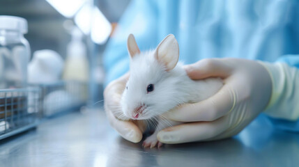 Laboratory Technician Handling a White Mouse for research or health check purposes